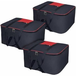 upan Moisture Proof Nylon Rectangular Big Underbed Cloth Storage Bag Foldable Blanket Cover with Handles (Black Mix Red, Pack of 3)