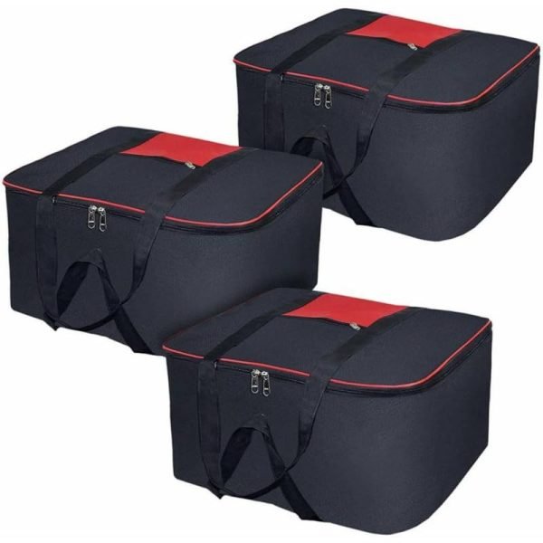 upan Moisture Proof Nylon Rectangular Big Underbed Cloth Storage Bag Foldable Blanket Cover with Handles (Black Mix Red, Pack of 3)