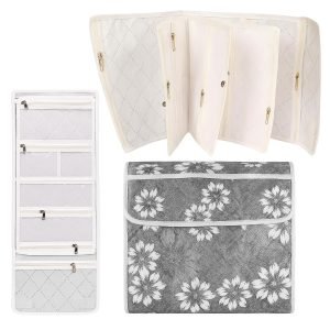 Foldabe Jewelry, Makeup & Cosmetics Organizer Pouch | 17 Compartments for Earrings, Bangles, Watches Accessories | Travel Friendly Foldable Kit for Women | Jewellery Organizers (Grey, 17 Comp.)