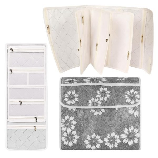 Foldabe Jewelry, Makeup & Cosmetics Organizer Pouch | 17 Compartments for Earrings, Bangles, Watches Accessories | Travel Friendly Foldable Kit for Women | Jewellery Organizers (Grey, 17 Comp.)