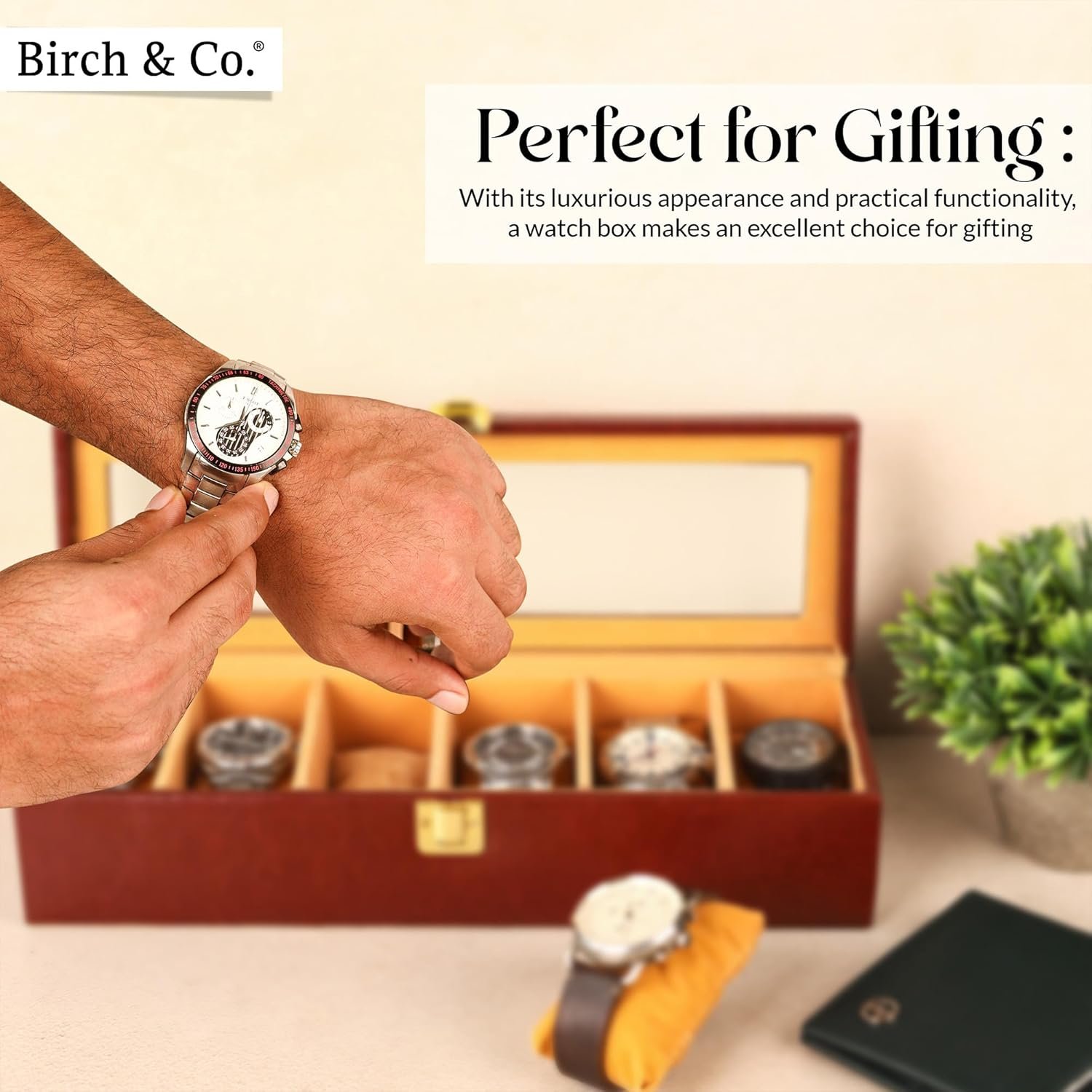 Watch Box Organizer – 6 Slot Display Case with Glass Lid, PU Leather, Soft Velvet Interior – Elegant Storage for Men’s & Women’s Watches, Jewelry & Accessories – Gift-Ready Case, Brown - Image 6