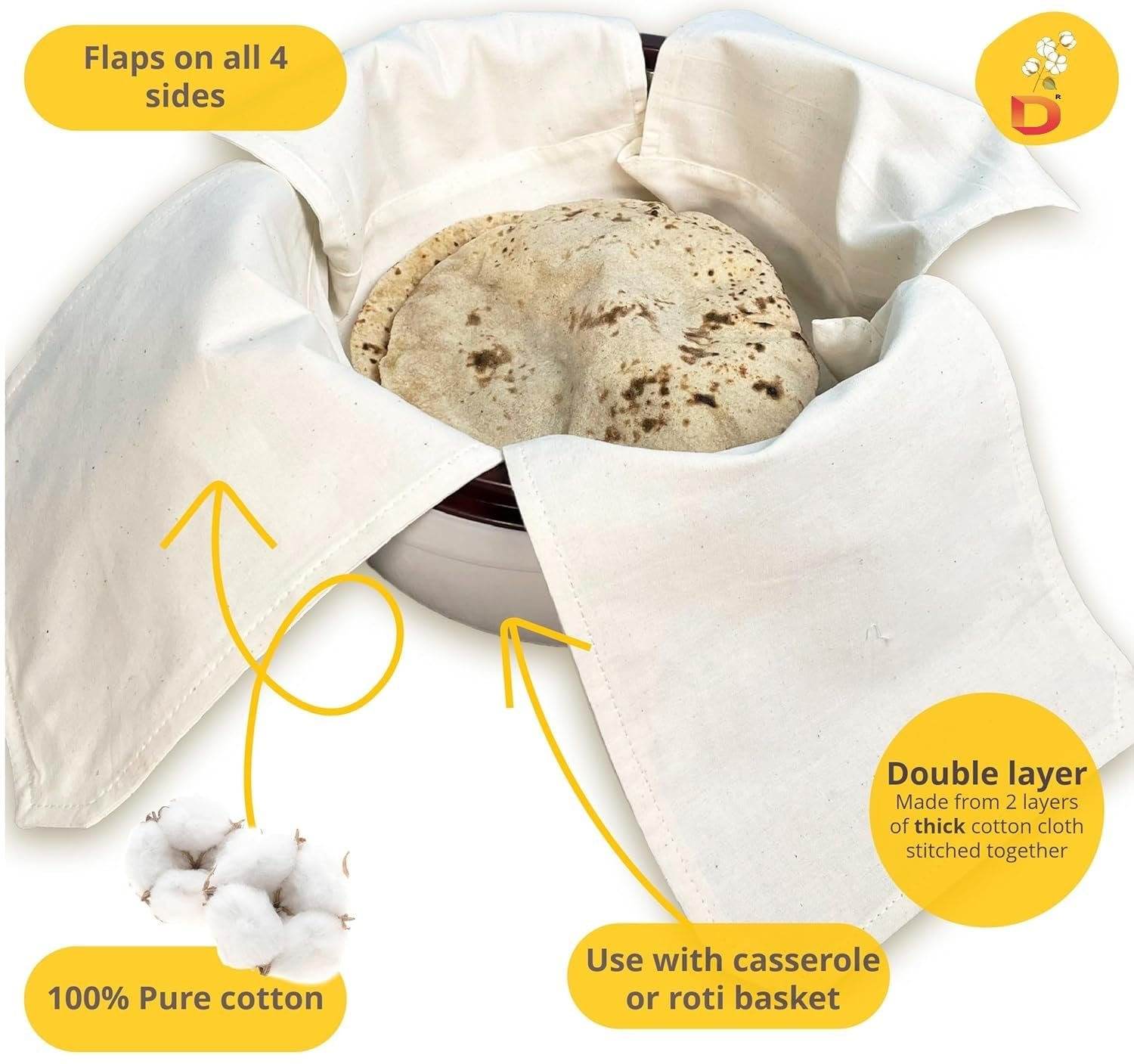 UPAN Cotton Roti Cover, Double Layer Cloth Wrap, Chapati Cover With Flaps for Hot Case Kitchen, Roti Rumal (Pack of 2) - Image 3