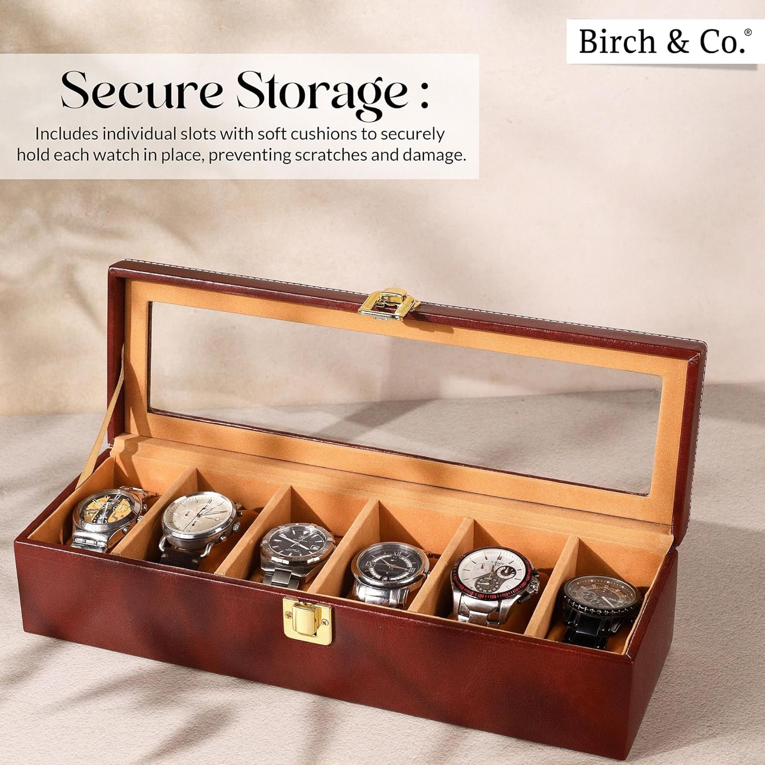 Watch Box Organizer – 6 Slot Display Case with Glass Lid, PU Leather, Soft Velvet Interior – Elegant Storage for Men’s & Women’s Watches, Jewelry & Accessories – Gift-Ready Case, Brown - Image 3