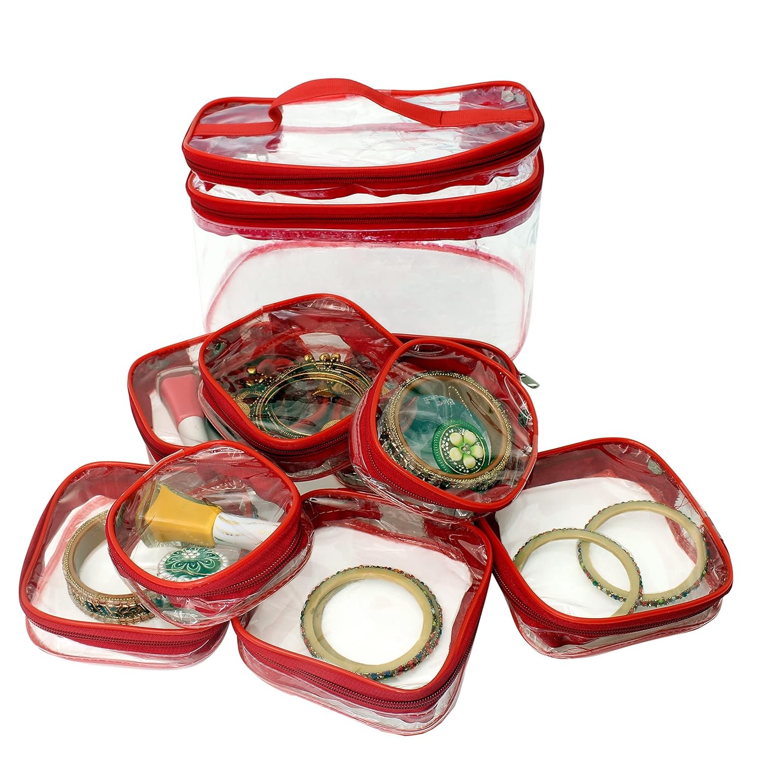 upan Makeup Pouches Cosmetic Necklace Earrings Vanity Jewellery Organizers Pouches Traveling Kit for Women's (Red) 12 x 10 x 4 cm - Image 2