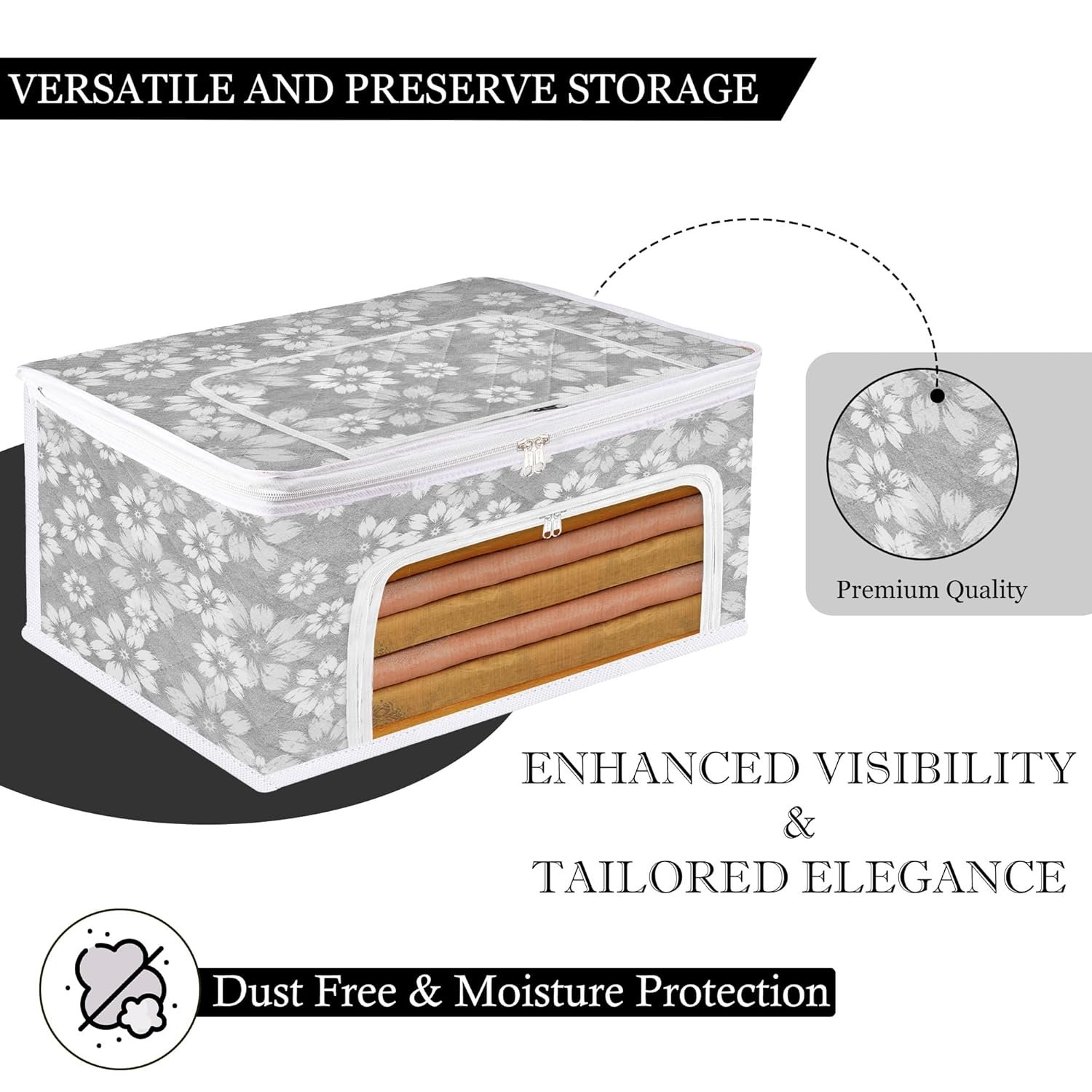 Saree Storage Bags – Pack of 2 | Saree Cover for Women | Waterproof Clothing Box | Wardrobe Organizer for Sarees & Clothes | Front Zip Section with Transparent Window | Assorted Prints - Image 4