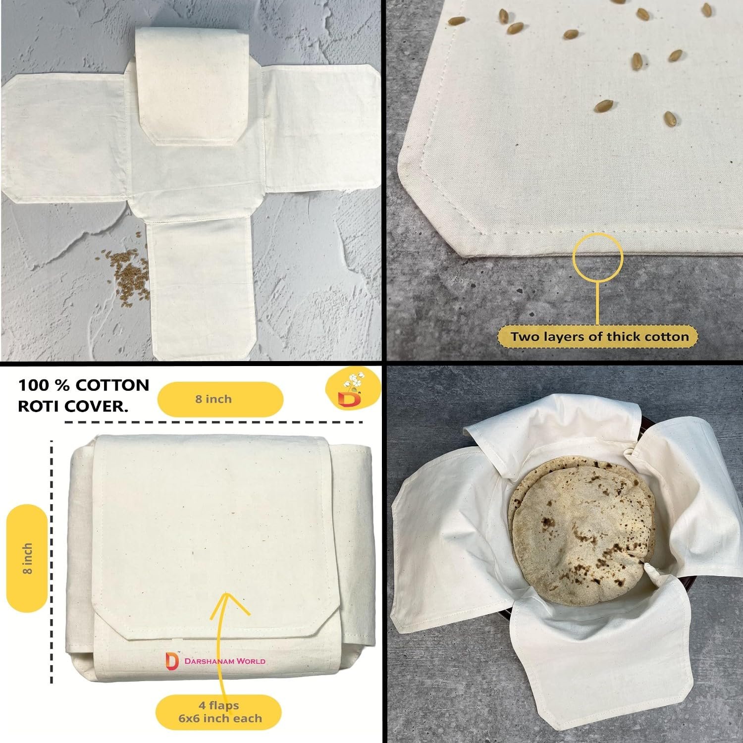 UPAN Cotton Roti Cover, Double Layer Cloth Wrap, Chapati Cover With Flaps for Hot Case Kitchen, Roti Rumal (Pack of 2) - Image 8