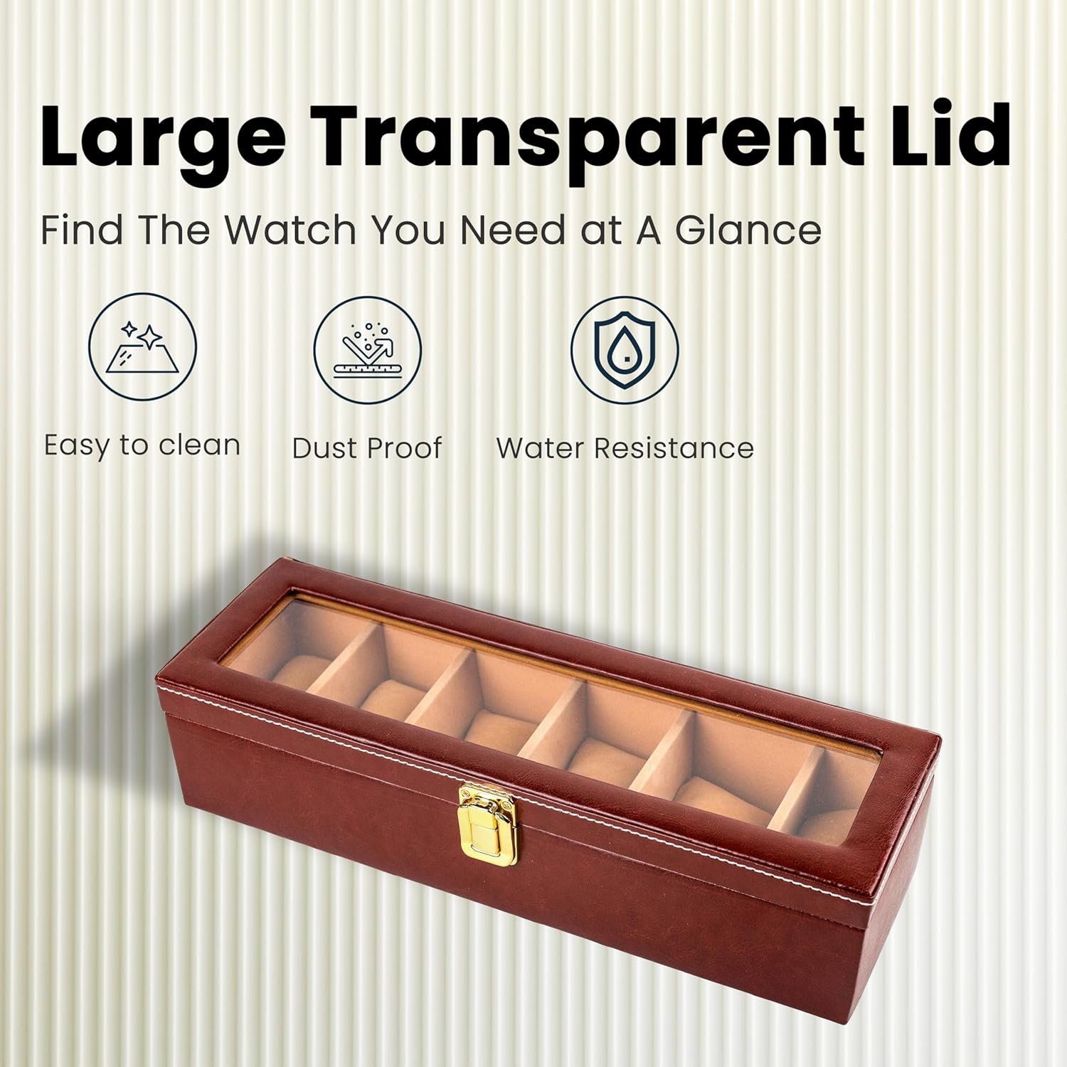 Watch Box Organizer – 6 Slot Display Case with Glass Lid, PU Leather, Soft Velvet Interior – Elegant Storage for Men’s & Women’s Watches, Jewelry & Accessories – Gift-Ready Case, Brown - Image 4
