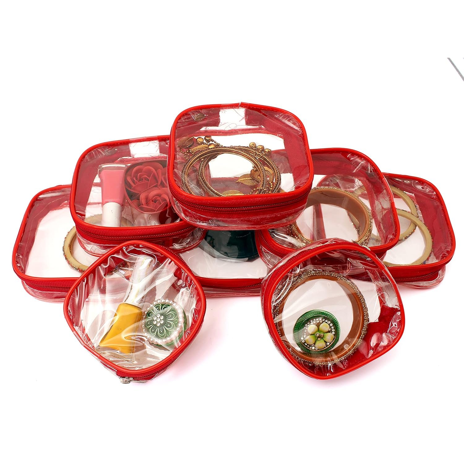 upan Makeup Pouches Cosmetic Necklace Earrings Vanity Jewellery Organizers Pouches Traveling Kit for Women's (Red) 12 x 10 x 4 cm