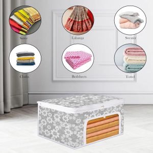 Saree Storage Bags – Pack of 2 | Saree Cover for Women | Waterproof Clothing Box | Wardrobe Organizer for Sarees & Clothes | Front Zip Section with Transparent Window | Assorted Prints