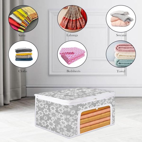 Saree Storage Bags – Pack of 2 | Saree Cover for Women | Waterproof Clothing Box | Wardrobe Organizer for Sarees & Clothes | Front Zip Section with Transparent Window | Assorted Prints