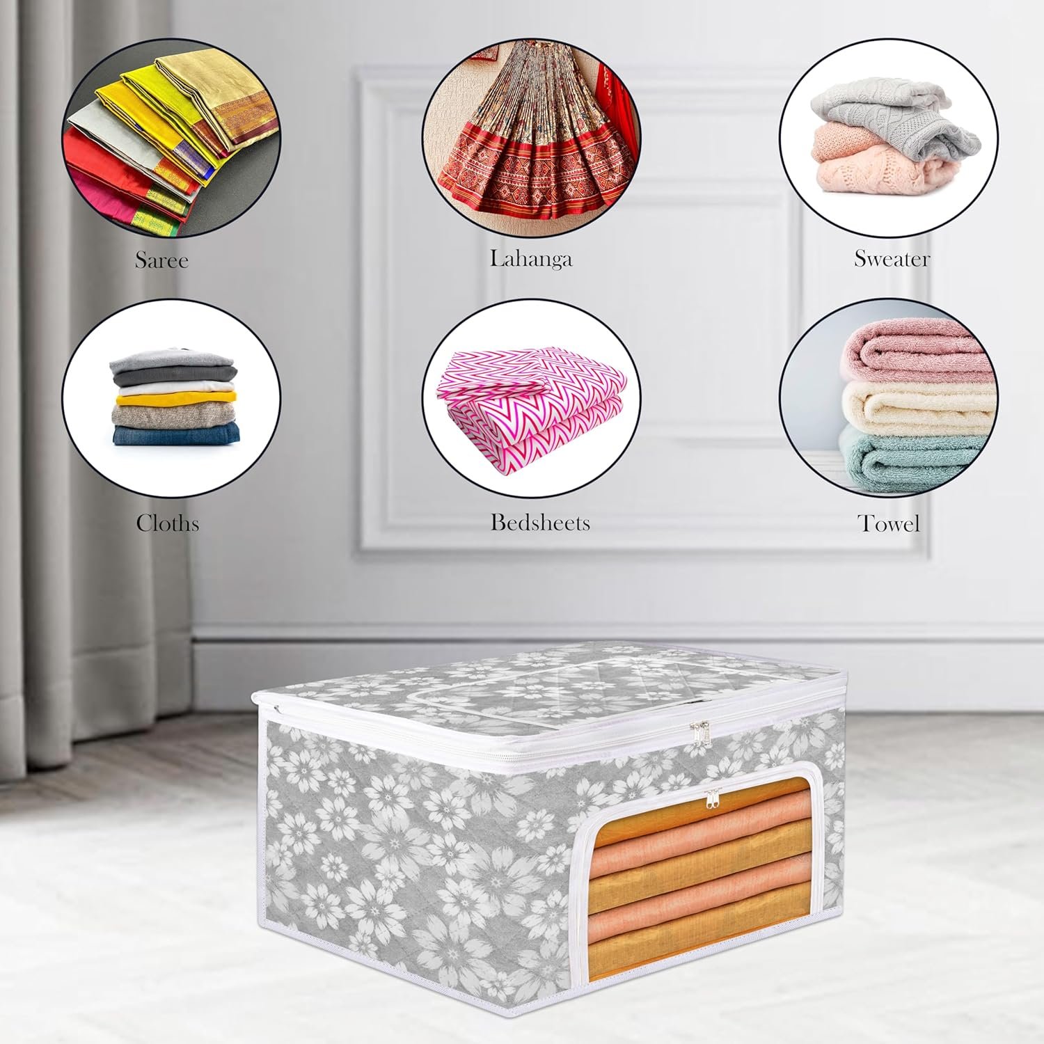 Saree Storage Bags – Pack of 2 | Saree Cover for Women | Waterproof Clothing Box | Wardrobe Organizer for Sarees & Clothes | Front Zip Section with Transparent Window | Assorted Prints