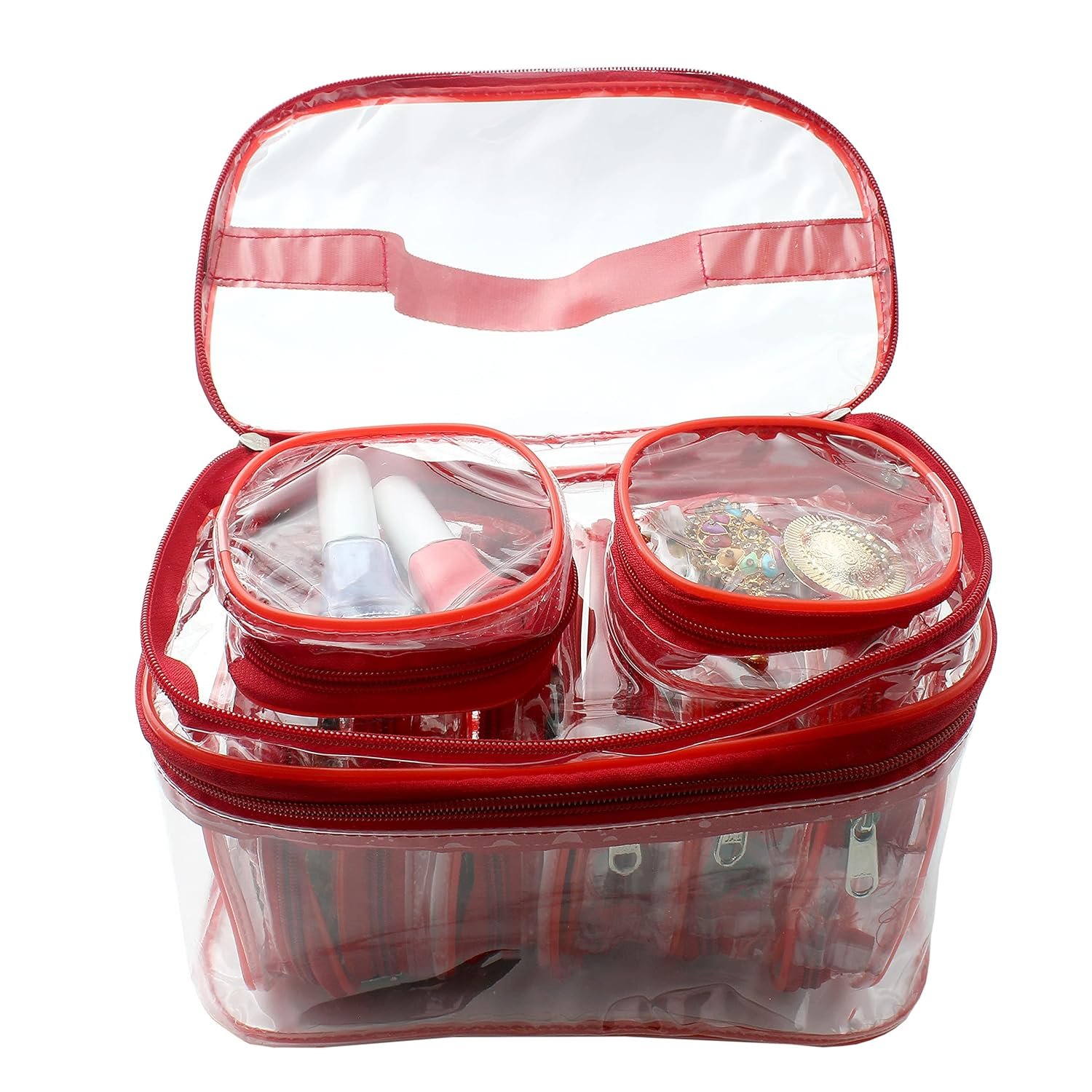 upan Makeup Pouches Cosmetic Necklace Earrings Vanity Jewellery Organizers Pouches Traveling Kit for Women's (Red) 12 x 10 x 4 cm - Image 6