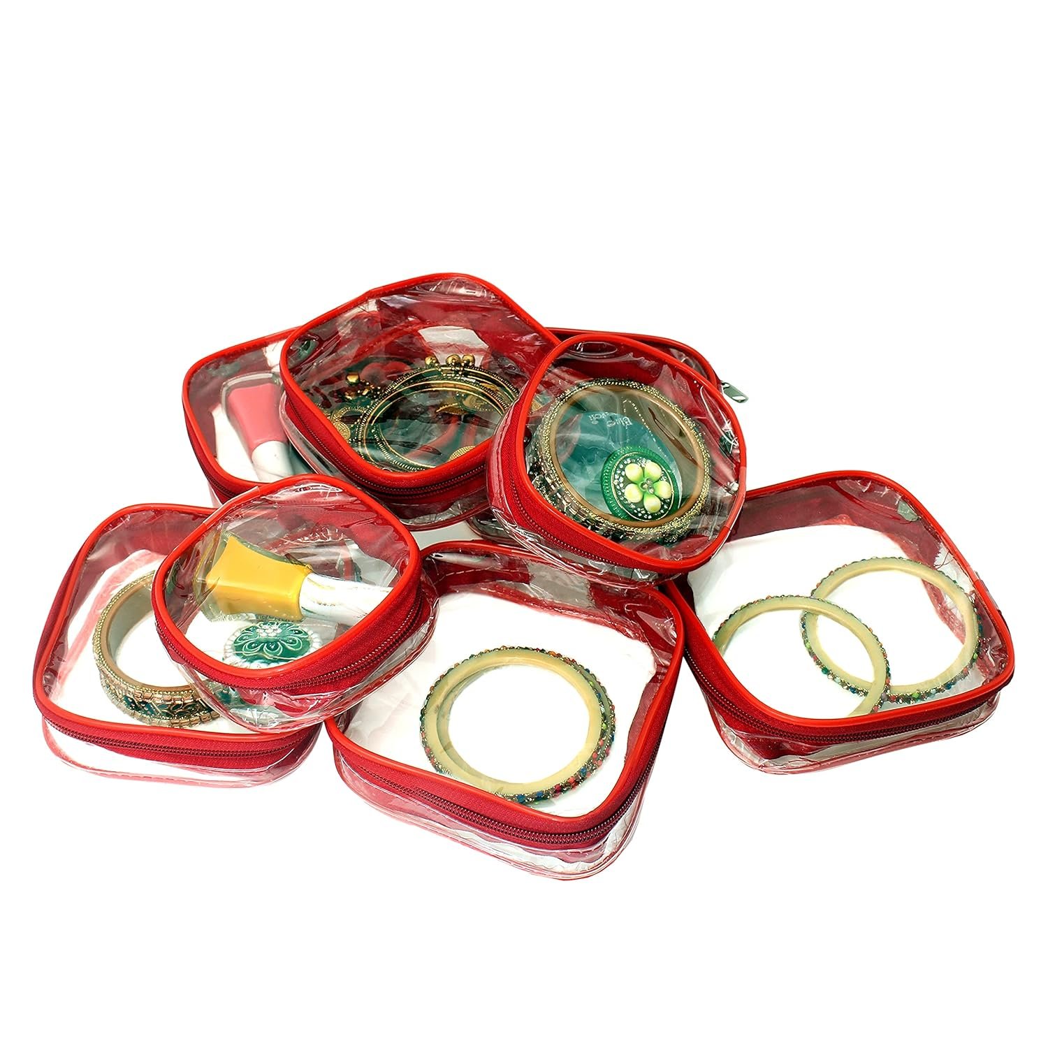 upan Makeup Pouches Cosmetic Necklace Earrings Vanity Jewellery Organizers Pouches Traveling Kit for Women's (Red) 12 x 10 x 4 cm - Image 3