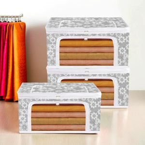 upan Pack of 3 Saree Storage Bag | Saree Cover for Woman | Waterproof Storage Box | Wardrobe Organizer for Clothes | Front Zip Compartments with Window | Flower Quilted |