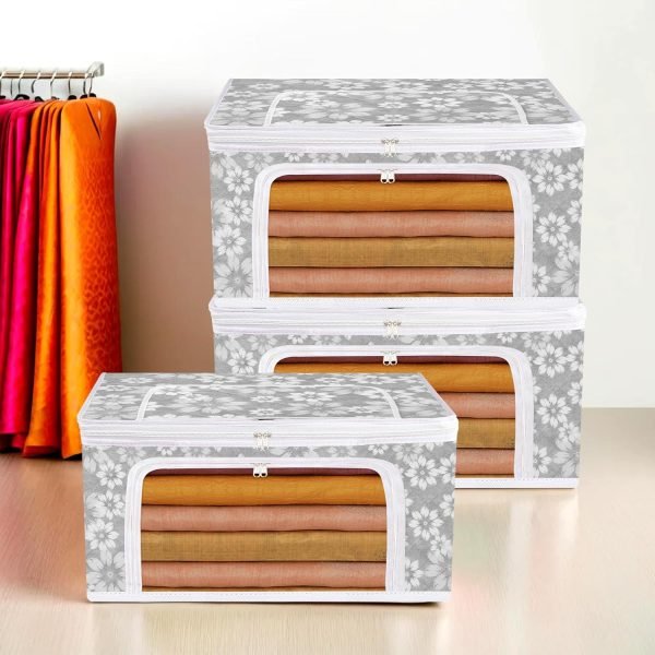 upan Pack of 3 Saree Storage Bag | Saree Cover for Woman | Waterproof Storage Box | Wardrobe Organizer for Clothes | Front Zip Compartments with Window | Flower Quilted |