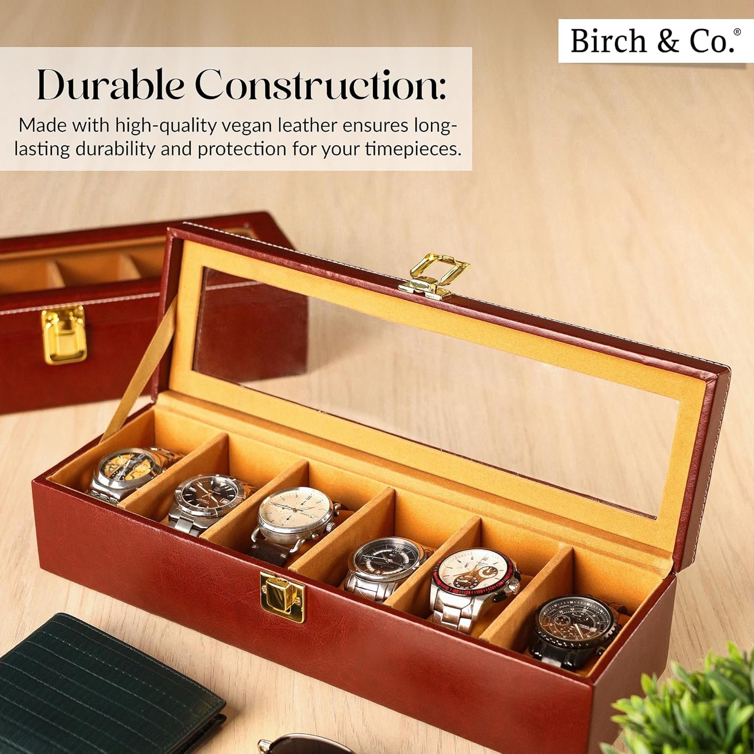 Watch Box Organizer – 6 Slot Display Case with Glass Lid, PU Leather, Soft Velvet Interior – Elegant Storage for Men’s & Women’s Watches, Jewelry & Accessories – Gift-Ready Case, Brown - Image 2