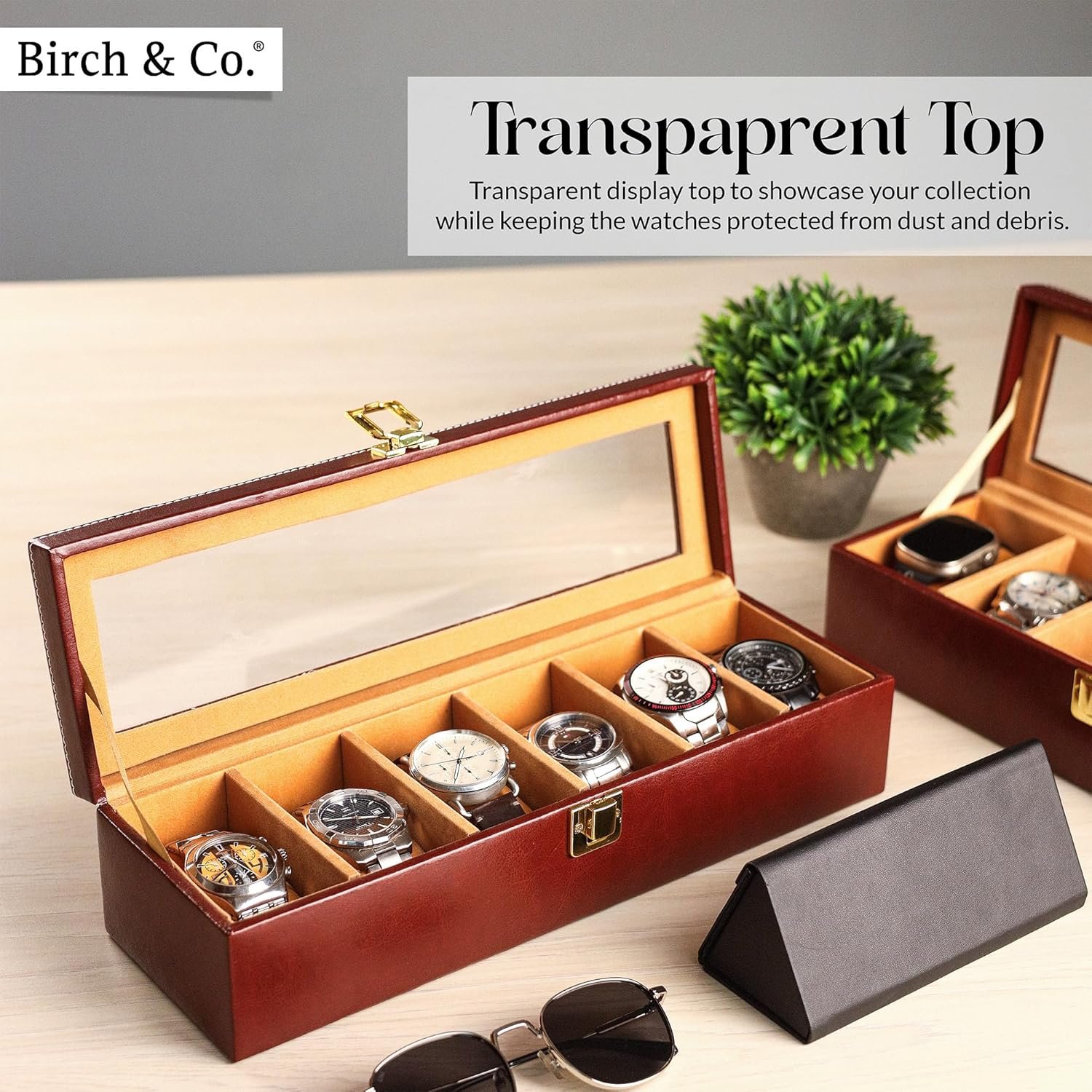 Watch Box Organizer – 6 Slot Display Case with Glass Lid, PU Leather, Soft Velvet Interior – Elegant Storage for Men’s & Women’s Watches, Jewelry & Accessories – Gift-Ready Case, Brown - Image 8