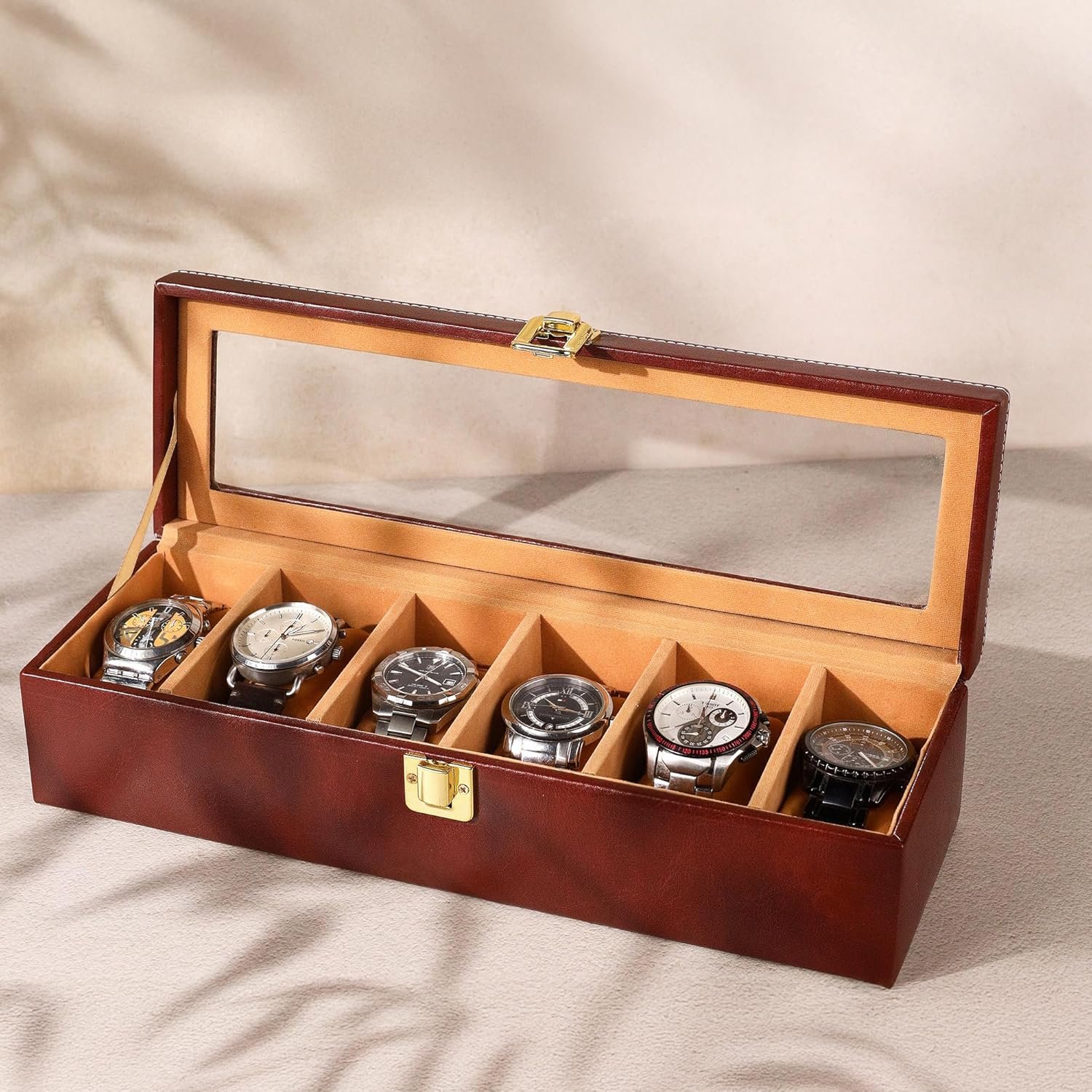 Watch Box Organizer – 6 Slot Display Case with Glass Lid, PU Leather, Soft Velvet Interior – Elegant Storage for Men’s & Women’s Watches, Jewelry & Accessories – Gift-Ready Case, Brown