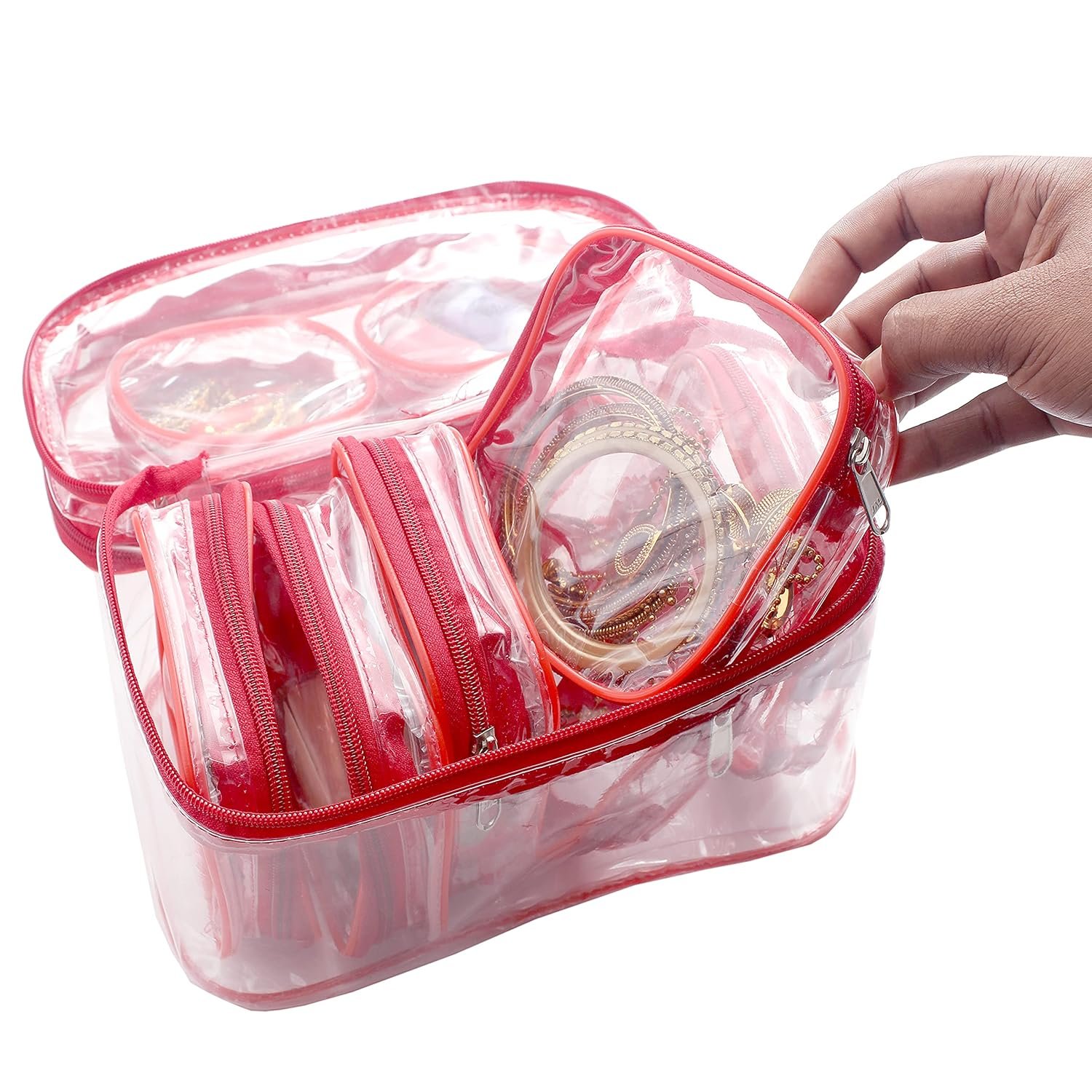 upan Makeup Pouches Cosmetic Necklace Earrings Vanity Jewellery Organizers Pouches Traveling Kit for Women's (Red) 12 x 10 x 4 cm - Image 7