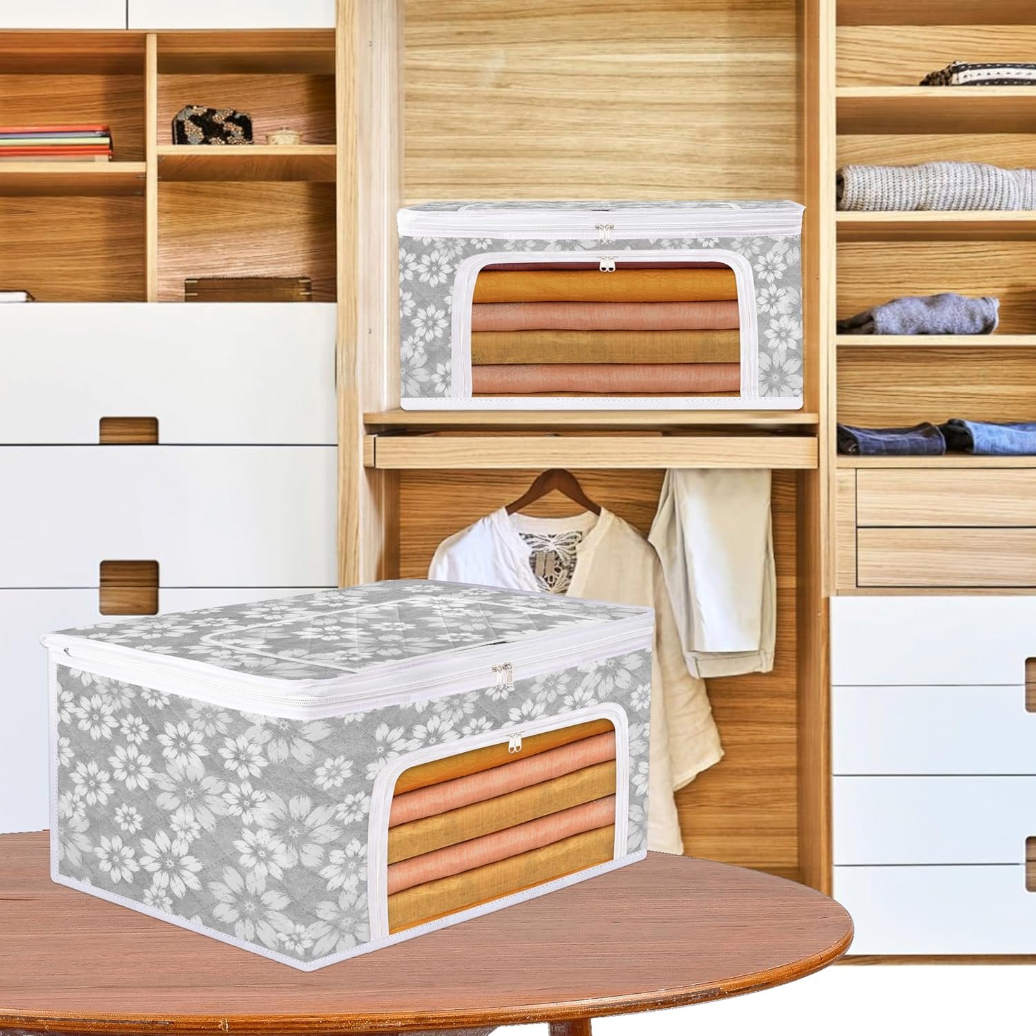 Saree Storage Bags – Pack of 2 | Saree Cover for Women | Waterproof Clothing Box | Wardrobe Organizer for Sarees & Clothes | Front Zip Section with Transparent Window | Assorted Prints - Image 2