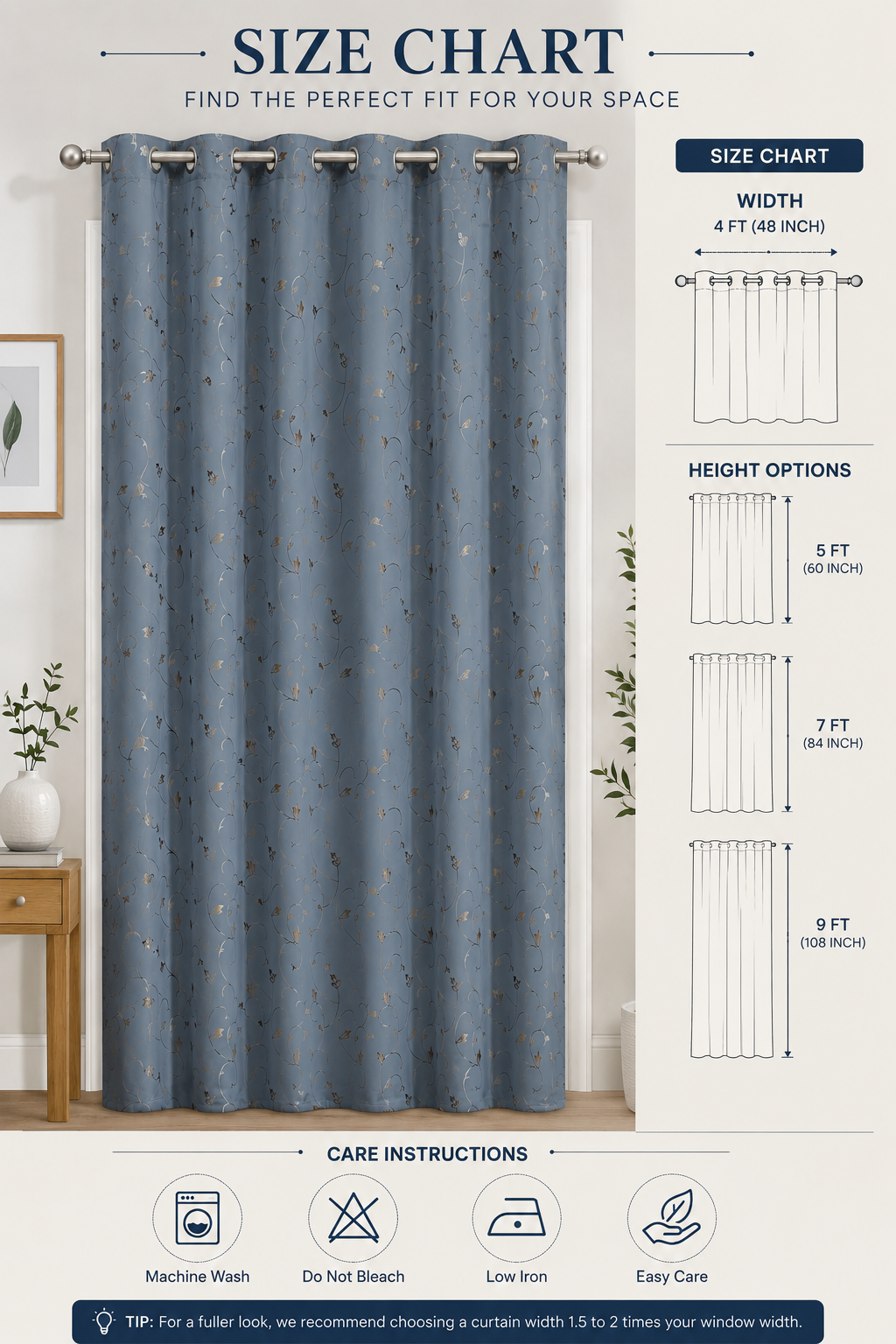 Grey Complete Blackout Curtain with Floral Design | Premium Window Curtains--4ft*5ft -(pack of 1) - Image 5