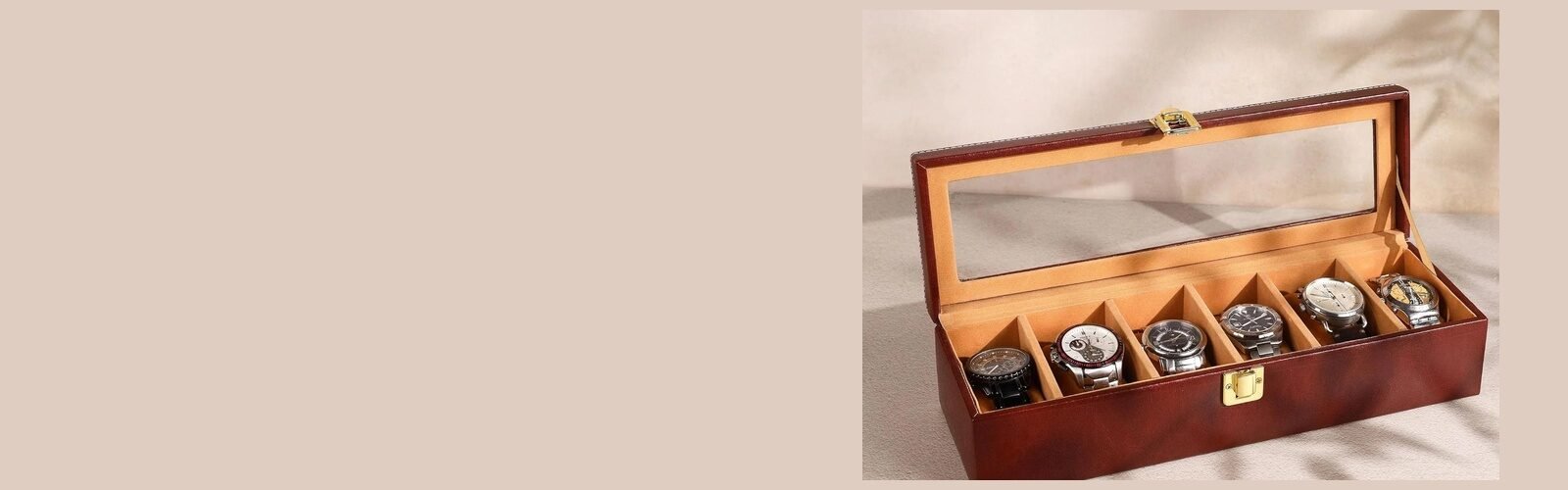 Brown faux-leather 6-slot watch display box with glass lid